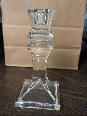 Clear Glass Candlestick Holder - Classic Geometric Design 6.6 Inches Tall